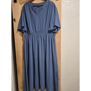 Cicidudu 4XL Blue Party Dress Short Sleeve Smocked Waist V Neck Maxi Dress